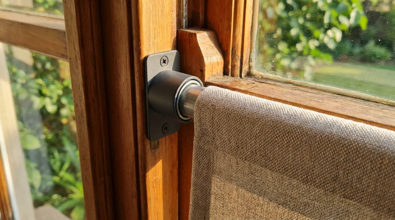 Close detail of a roller blind end bracket screwed into the timber reveal of a Parktown North sash window, the tube seated in it and oatmeal fabric hanging below