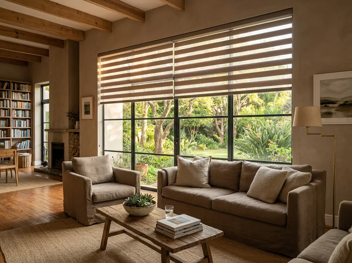 Day and night dual-layer blind with sheer and solid stripes over a wide window in a Forest Town living area