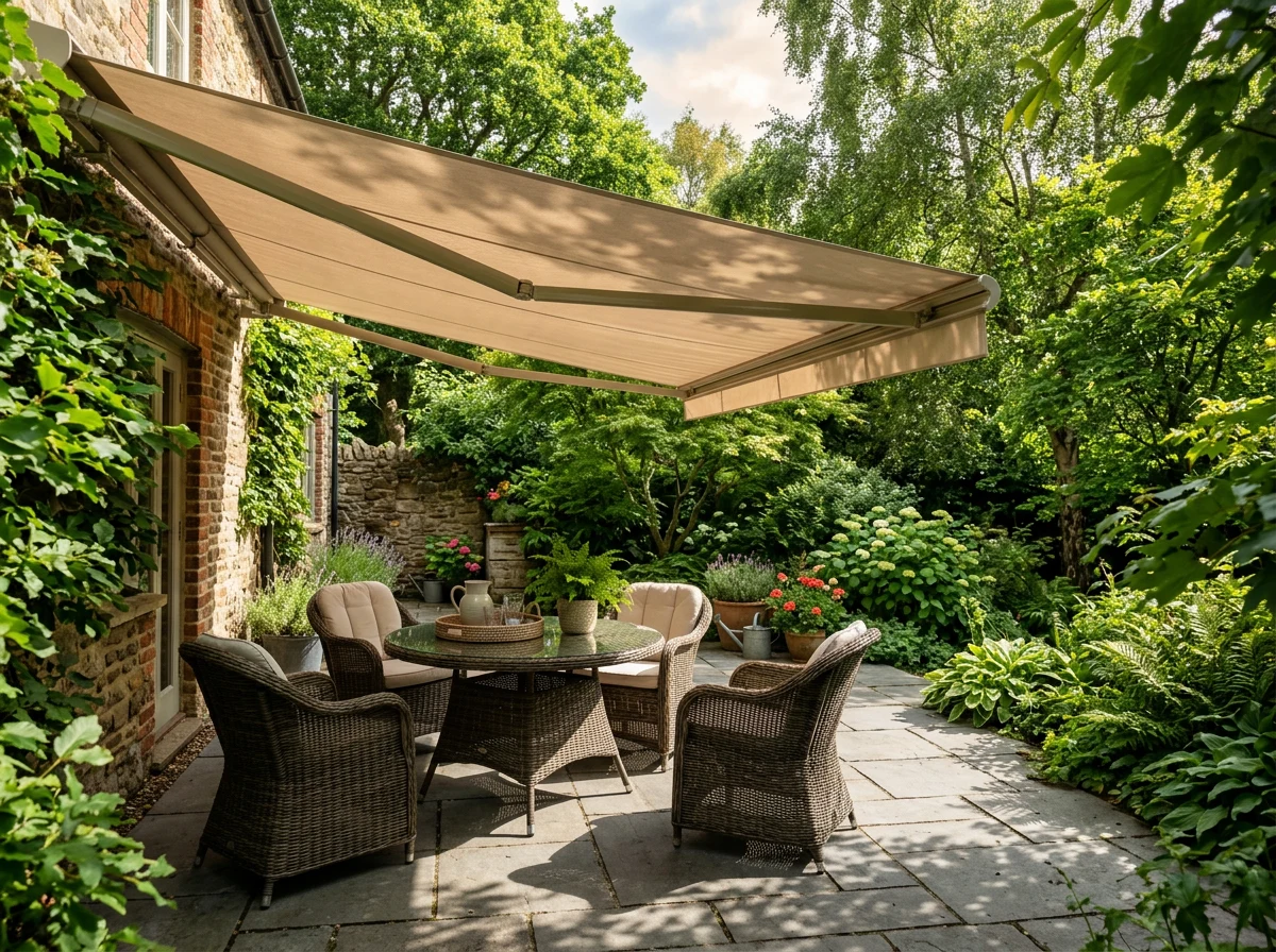 Folding-arm awning extended over a paved side patio in a Forest Town garden