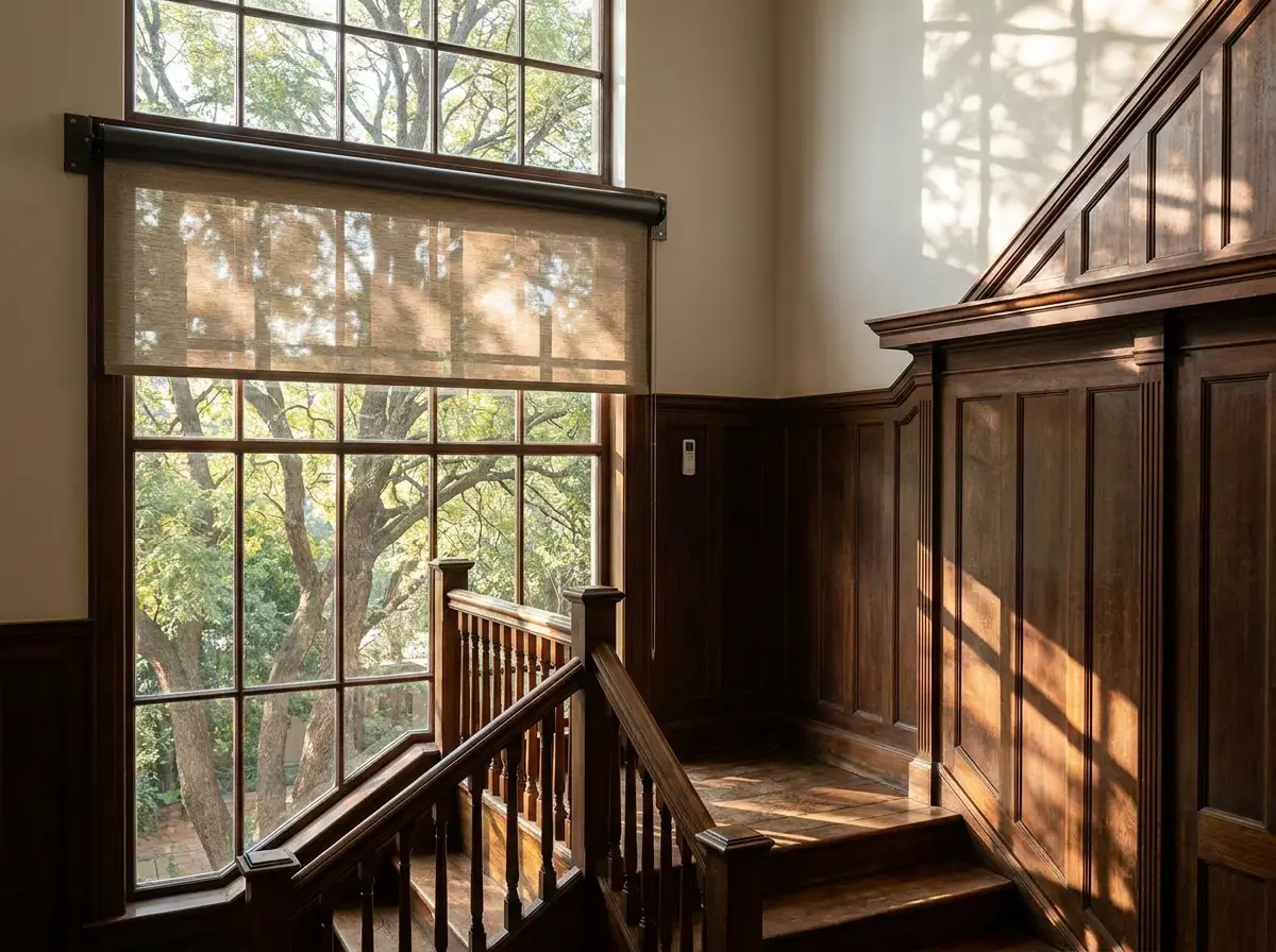 Motorised roller blind with visible motor tube and wall remote on a double-height stairwell window in a Forest Town home