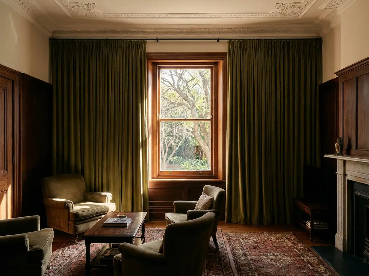 Heavy lined curtains gliding on a motorised ceiling track in a Forest Town formal lounge