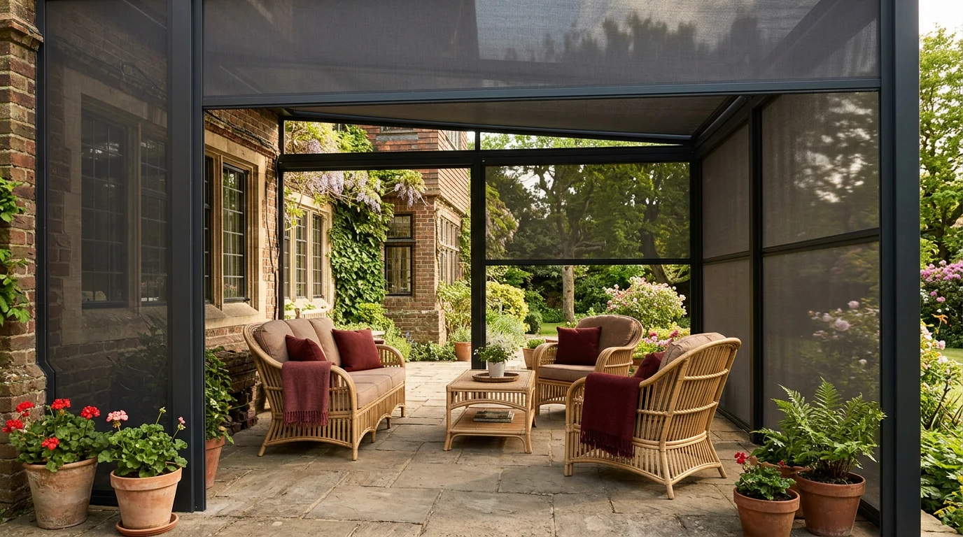 Zip screens dropped down the open sides of a steel-framed terrace pergola at a Westcliff-area home, cane armchairs and potted geraniums in the shade
