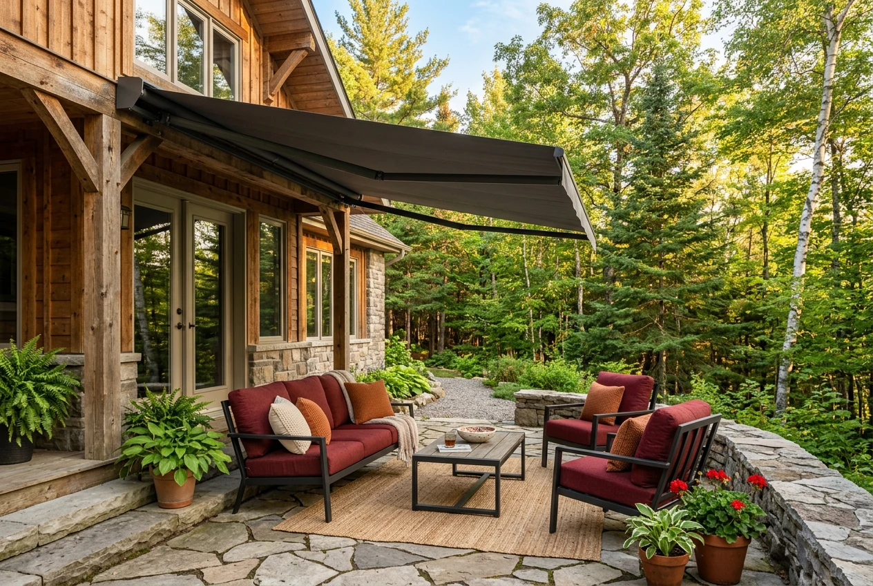 Outdoor patio lounge scene shaded by a folding-arm awning at a Forest Town property, off-black and oxblood accent styling