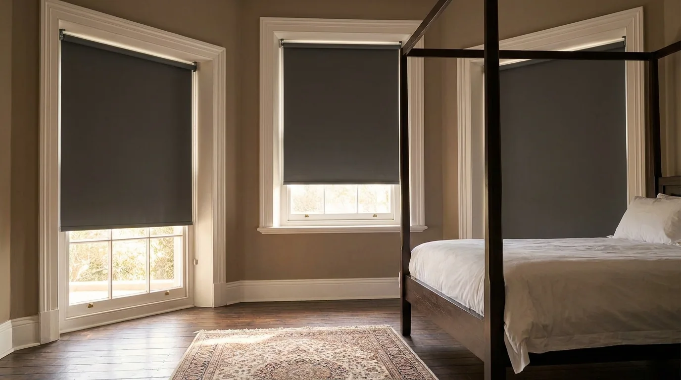 Charcoal blockout roller blinds lowered over three sash windows in a Houghton Estate guest bedroom, four-poster bed and taupe walls