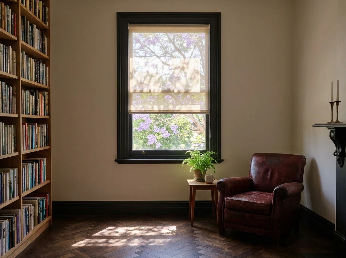 Sunscreen roller blind half-lowered over a tall sash window in a Forest Town living room, dappled jacaranda light on the floor