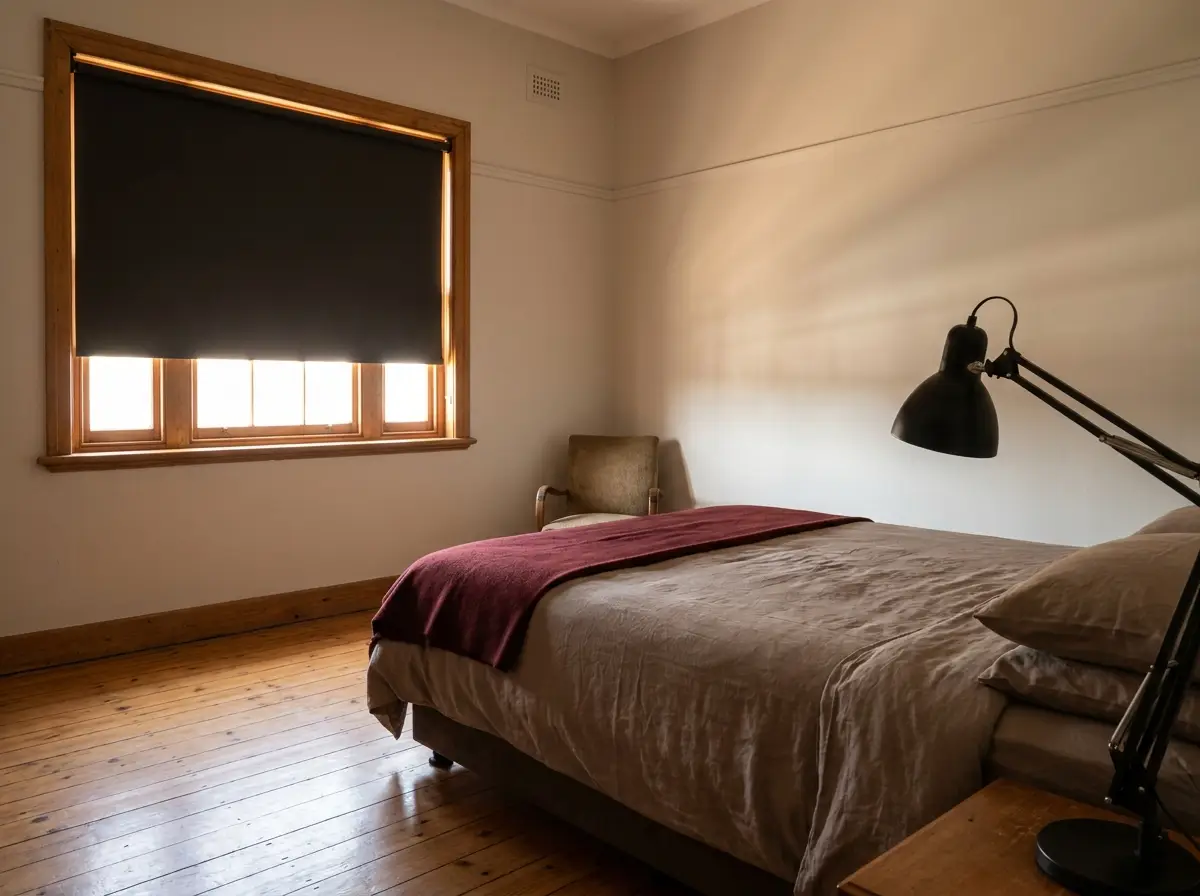 Blockout roller blind lowered over the sash window of a bedroom in a Forest Town heritage-style home, warm taupe walls and bare timber floor