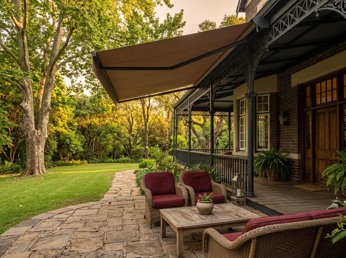 Folding-arm awning reaching out from the veranda wall of a Forest Town house, oxblood seat cushions on the stone terrace below
