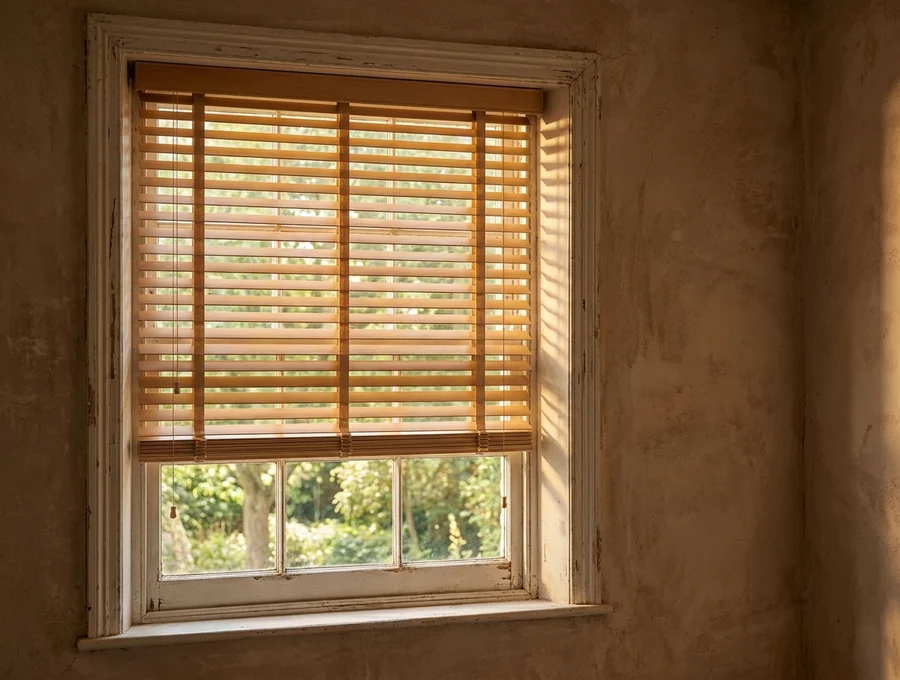 50mm basswood venetian blind on cotton ladder tapes, fitted inside the reveal of an old painted timber window in a Forest Town home, slats tilted against low afternoon sun striking the bare plaster wall