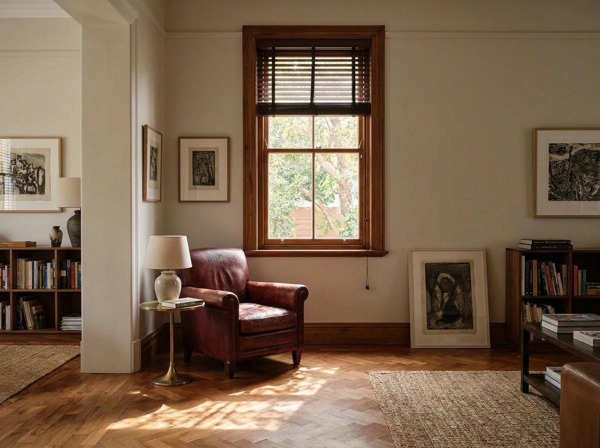 Timber venetian blinds tilted to filter dappled light in a Forest Town living room