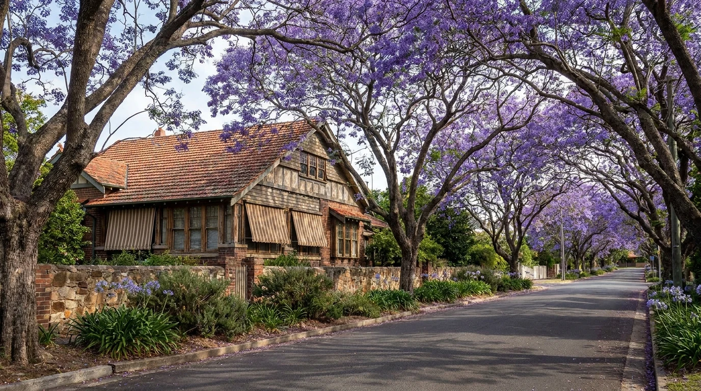 A quiet tree-lined street in Forest Town's heritage pocket under a flowering jacaranda canopy, striped canvas box awnings shading the timber-framed windows of an early-twentieth-century house